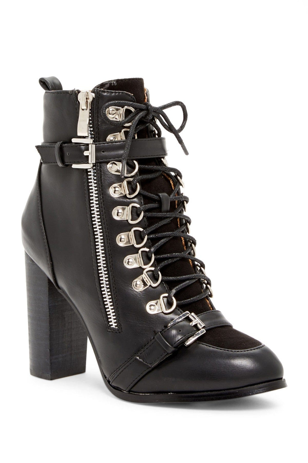 N.Y.L.A. SHOES BOOTIES N.Y.L.A. Shoes OLYGTORY Women's Vegan Leather Lace Up Black Botties with 4" Heel