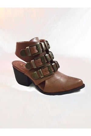 N.Y.L.A. SHOES BOOTIES N.Y.L.A. Shoes Sergent Women's Open Back Tan Ankle Boot with Buckles & Size Zip Closure