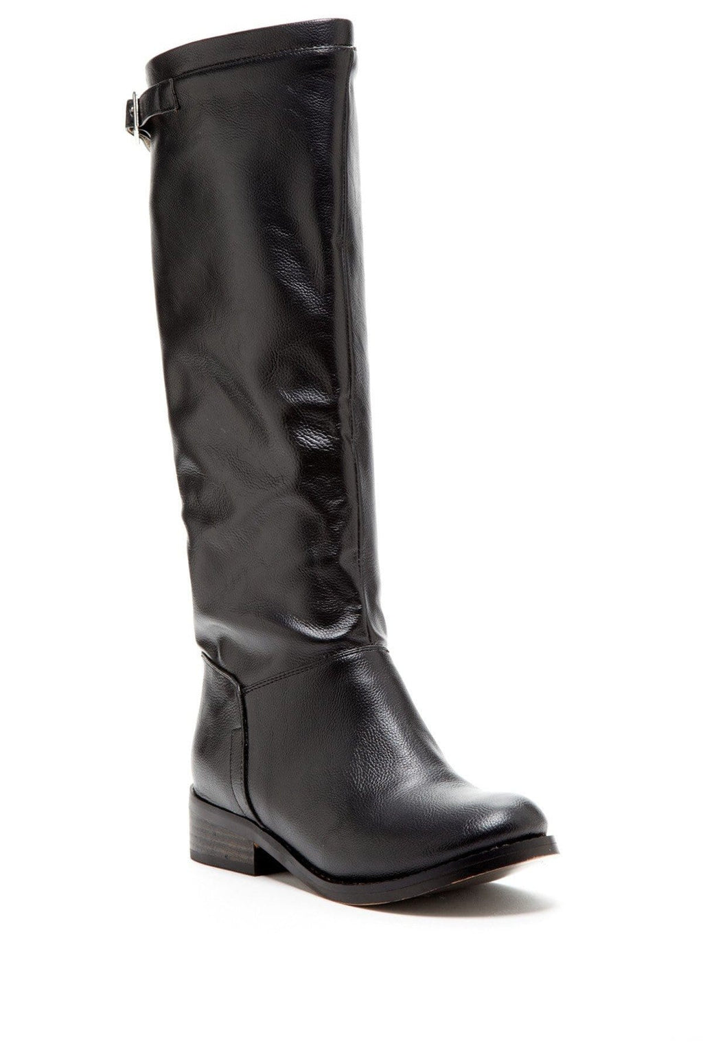 N.Y.L.A. SHOES BOOTS N.Y.L.A. Shoes Legacy Women's Flat Black Pebble Grain Leather Thigh High Boots with Buckle Detail