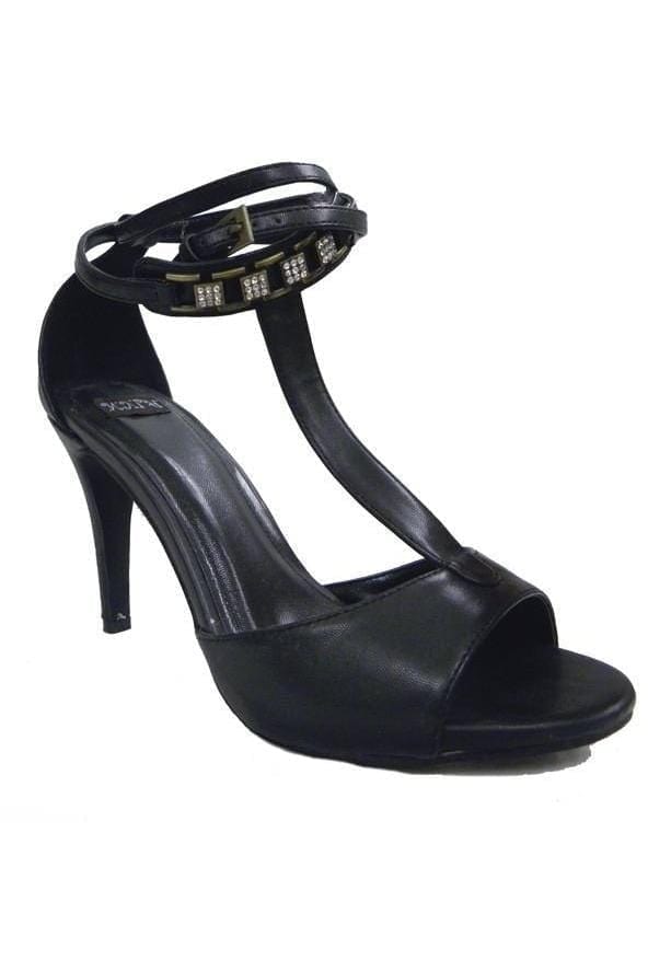 N.Y.L.A. SHOES HEELS 6 / BLK N.Y.L.A. Shoes Sanalle Women's Heels with Wrap Around Ankle Buckle in Black or Cheetah Print