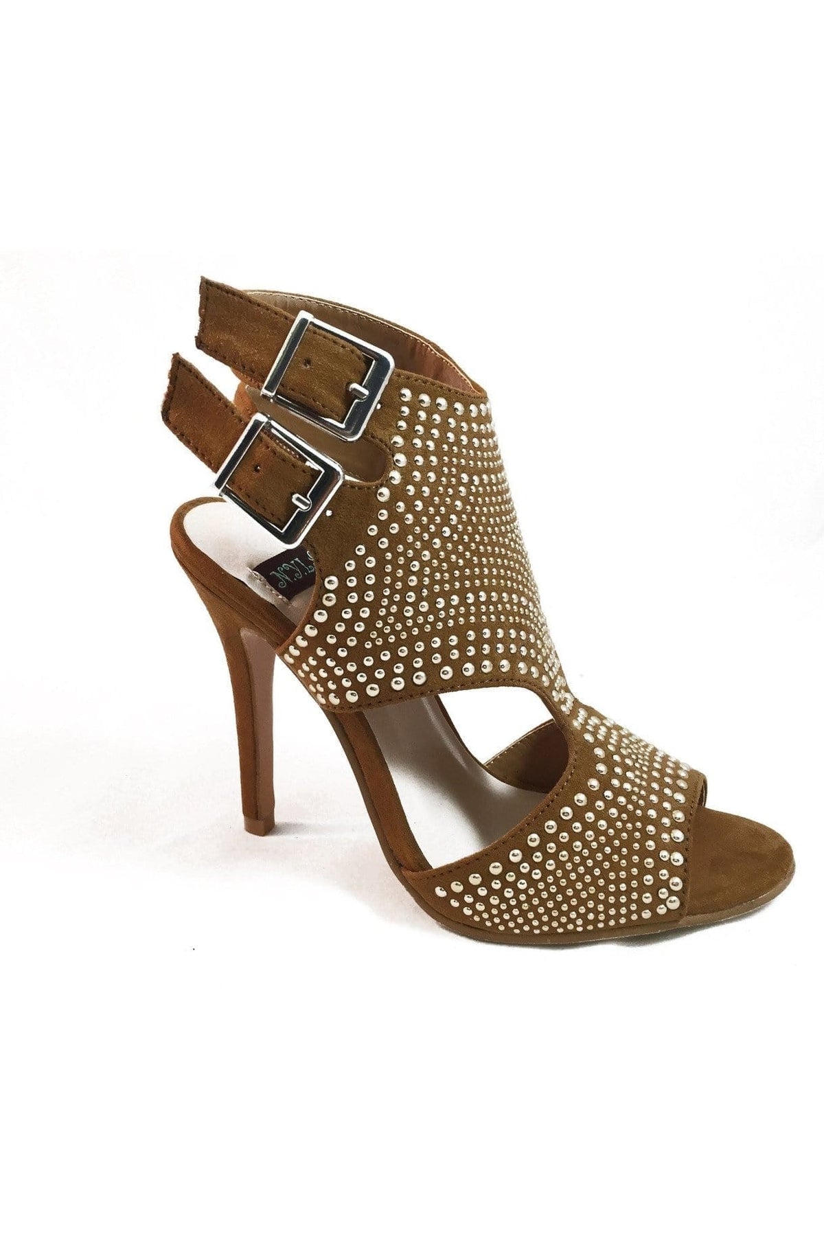 N.Y.L.A. SHOES HEELS 6 / TAN N.Y.L.A. Shoes Pemkrook Buckle Back Women's Studded Heels in Black or Tan
