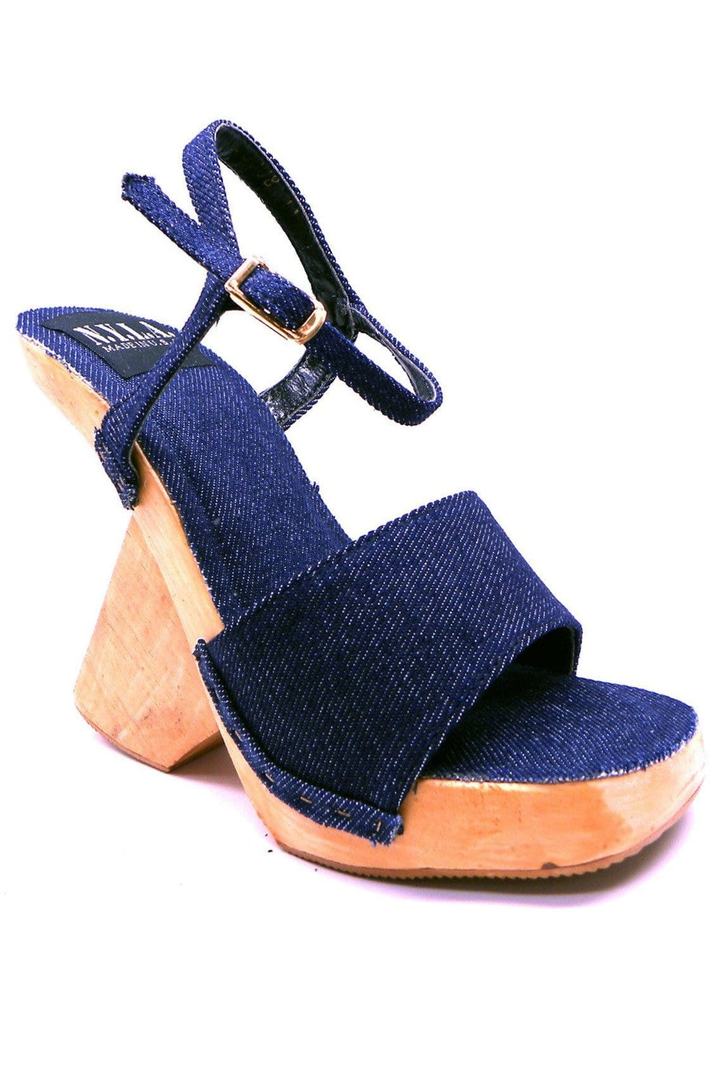N.Y.L.A. SHOES HEELS N.Y.L.A. Shoes Bevie Blue Denim on Wood Platform Women's Sandals