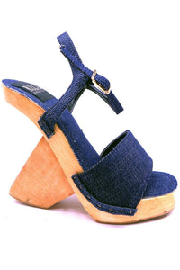 N.Y.L.A. SHOES HEELS N.Y.L.A. Shoes Bevie Blue Denim on Wood Platform Women's Sandals