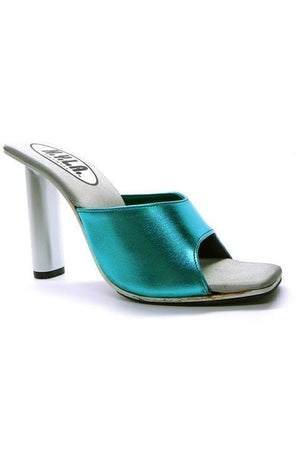 N.Y.L.A. SHOES HEELS N.Y.L.A. Shoes Poolside Women's Metal Alloy 3.75" Heel Mules with Aqua Leather Upper