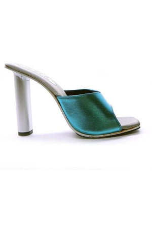 N.Y.L.A. SHOES HEELS N.Y.L.A. Shoes Poolside Women's Metal Alloy 3.75" Heel Mules with Aqua Leather Upper