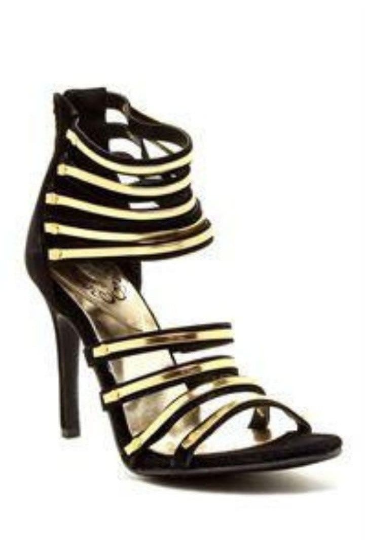 N.Y.L.A. SHOES HEELS N.Y.L.A. Shoes Regine Women's Black & Gold Ankle High Strappy Sandals with 3" Heel