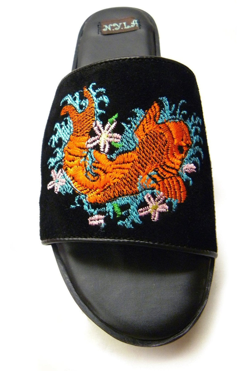 N.Y.L.A. SHOES N.Y.L.A. Shoes Shaqufish Women's Black Suede Mules with Koi Fish Embroidery