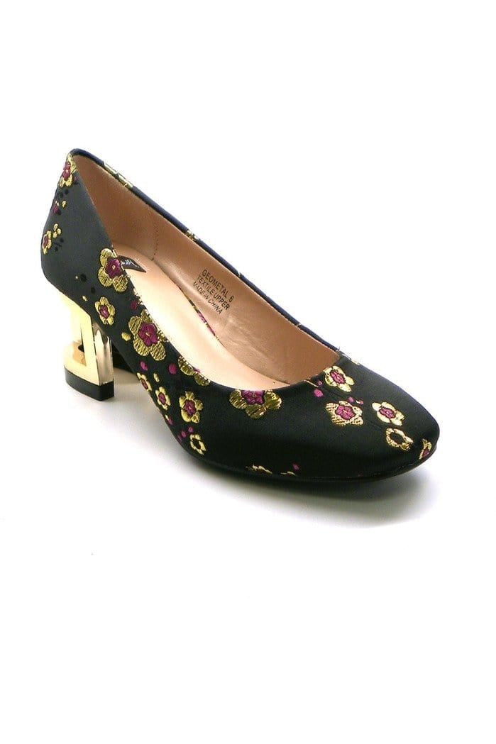 N.Y.L.A. SHOES N.Y.L.A. Shoes Women's Low Geometal Heels with Embroidered Black Brocade Upper