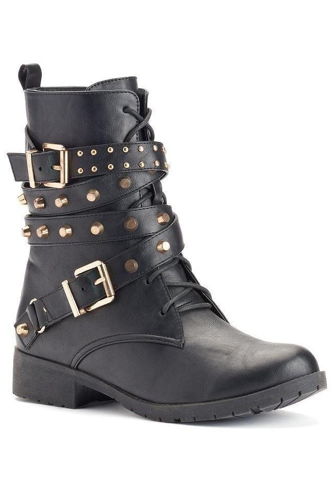 N.Y.L.A. SHOES N.Y.L.A. Shoes Zenina Women's 6.5" Black Vegan Leather Boots with Gold Stud Details