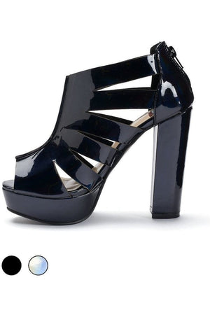 N.Y.L.A. SHOES PLATFORM HEEL 6 / BLK HOLO N.Y.L.A. Shoes  Bessie Holographic Platform Shoes with Cutout Detail in Black or Silver