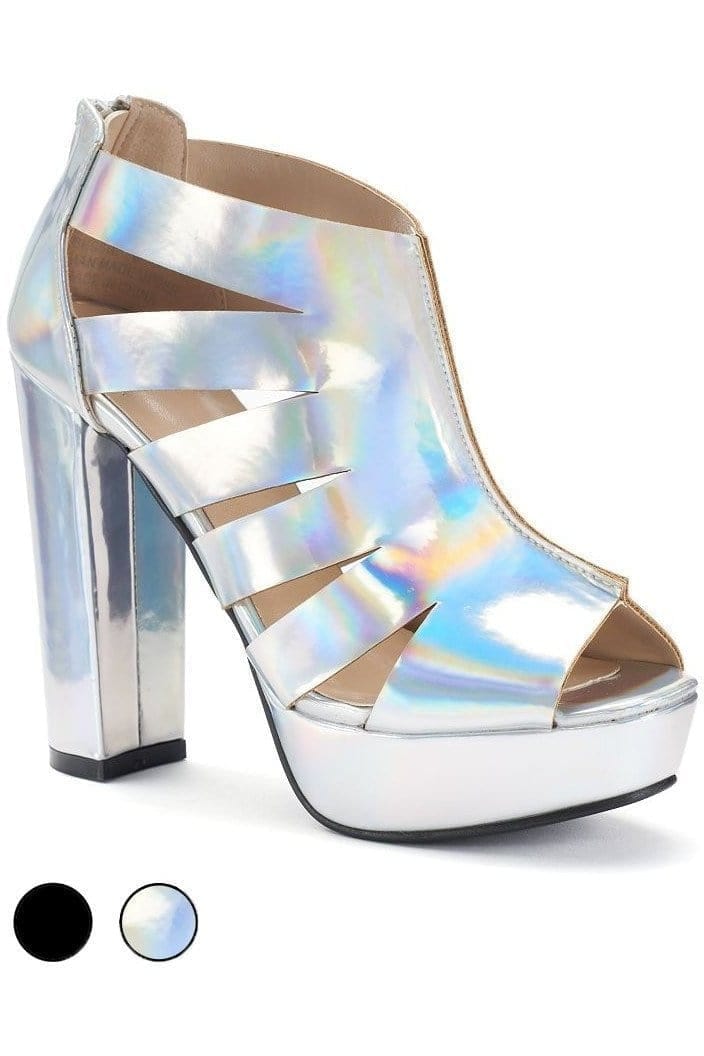 N.Y.L.A. SHOES PLATFORM HEEL 6 / SILVER HOLO N.Y.L.A. Shoes  Bessie Holographic Platform Shoes with Cutout Detail in Black or Silver
