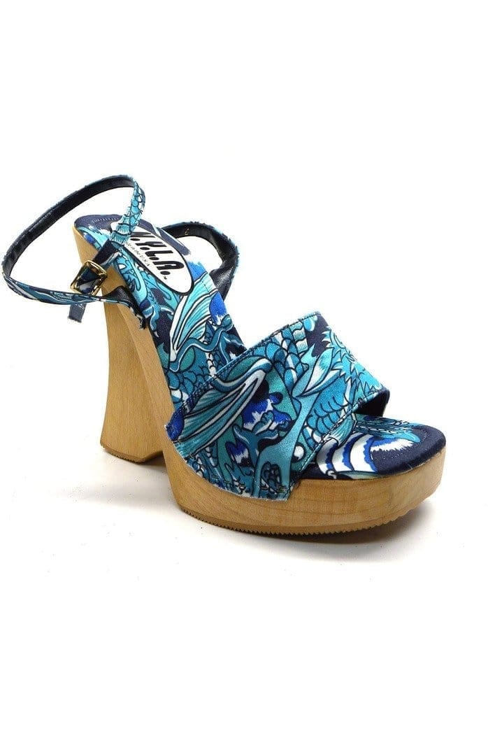N.Y.L.A. SHOES PLATFORM HEEL N.Y.L.A. Shoes Dynasty Women's Blue Dragon Sandals on Wood Platform Heel
