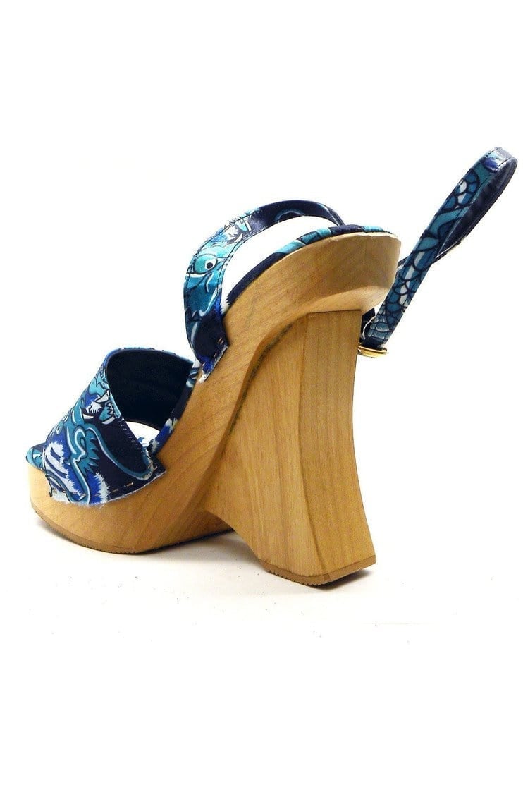 N.Y.L.A. SHOES PLATFORM HEEL N.Y.L.A. Shoes Dynasty Women's Blue Dragon Sandals on Wood Platform Heel