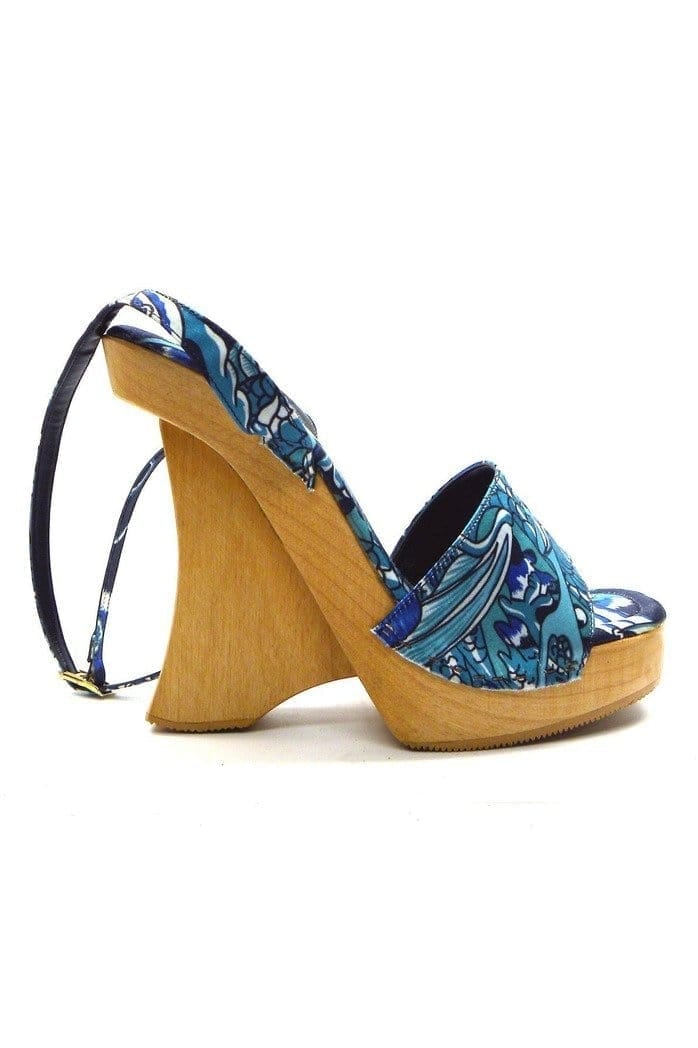 N.Y.L.A. SHOES PLATFORM HEEL N.Y.L.A. Shoes Dynasty Women's Blue Dragon Sandals on Wood Platform Heel