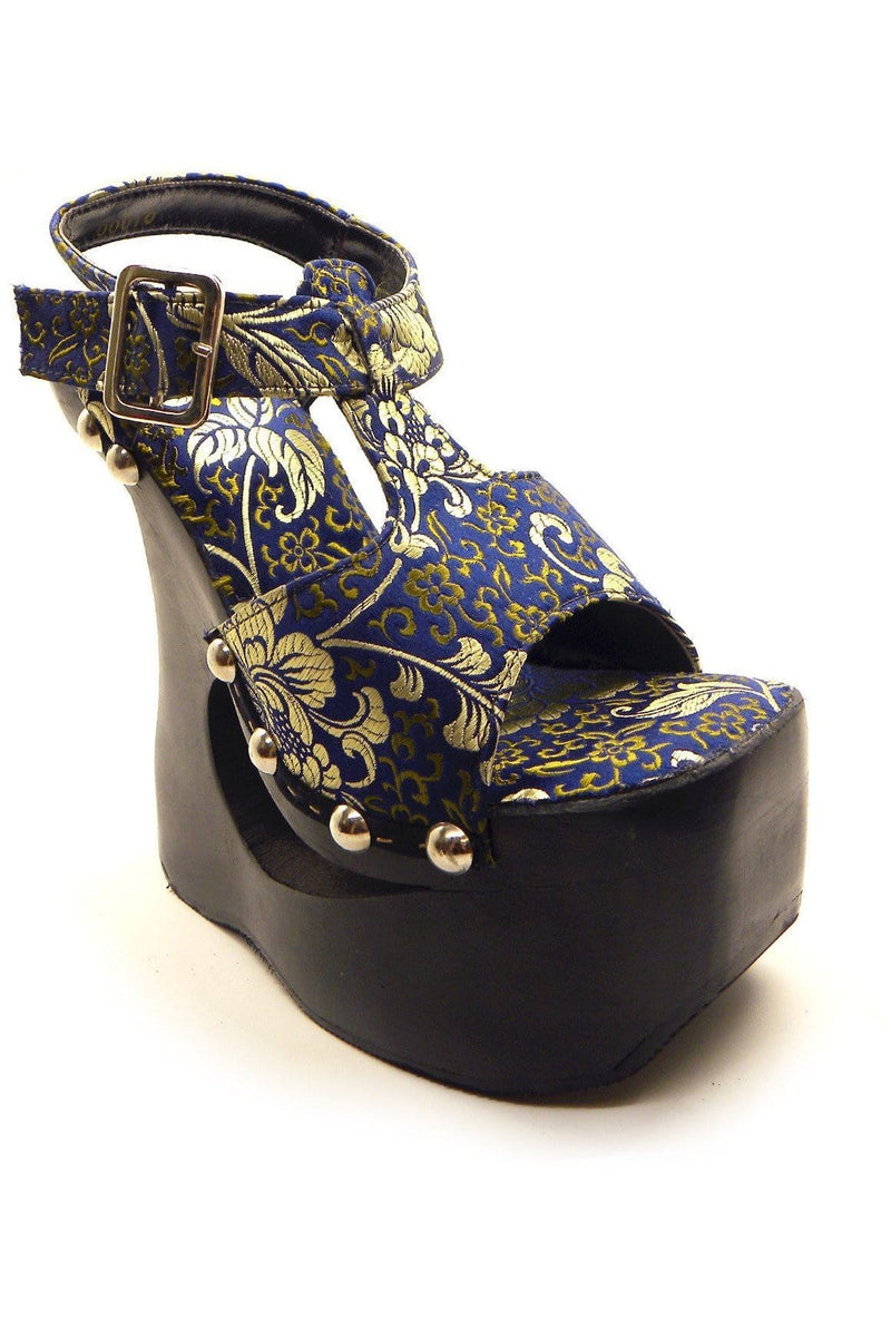 N.Y.L.A. SHOES PLATFORM HEEL N.Y.L.A. Shoes Mikio Women's 6" Black Wood Platform Sandals in Blue Brocade