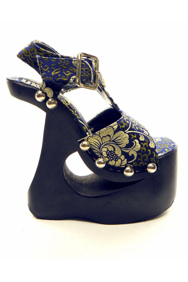 N.Y.L.A. SHOES PLATFORM HEEL N.Y.L.A. Shoes Mikio Women's 6" Black Wood Platform Sandals in Blue Brocade