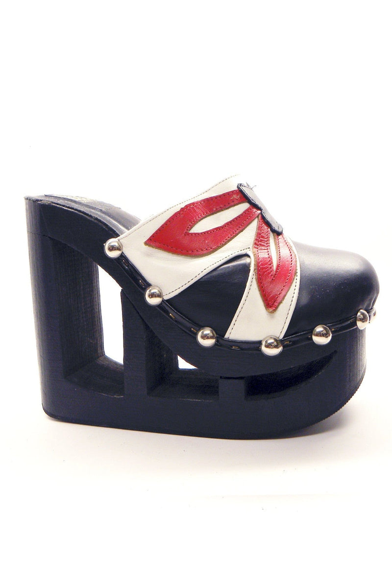 N.Y.L.A. SHOES PLATFORM N.Y.L.A. Shoes Delly Women's Black Wood Platform Clogs with Red & White Leather Upper
