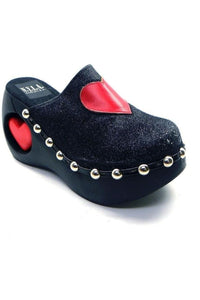 N.Y.L.A. SHOES PLATFORM N.Y.L.A. Shoes Hearthrob Women's Black Glitter Clogs with Heart Detail and Genuine Lumber Heel