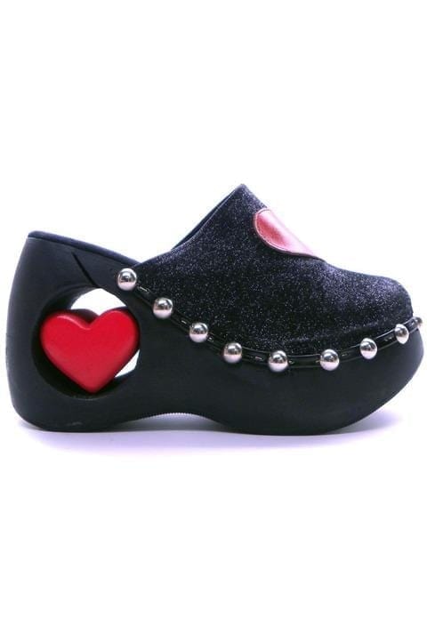 N.Y.L.A. SHOES PLATFORM N.Y.L.A. Shoes Hearthrob Women's Black Glitter Clogs with Heart Detail and Genuine Lumber Heel
