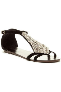 N.Y.L.A. SHOES SANDAL 5 / BLACK N.Y.L.A. Shoes Therow Women's Leather Suede Studded Flat Sandals in Black or Tan