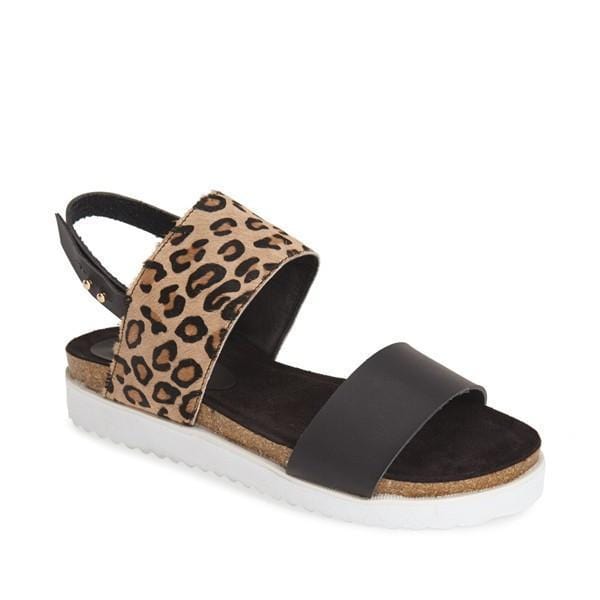 N.Y.L.A. SHOES SANDAL 6 / BLACK/CHEETAH N.Y.L.A. Shoes JOLLEEN Women's Calf Hair Leather Print Sandals in Black Cheetah or White Zebra