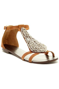 N.Y.L.A. SHOES SANDAL 6 / TAN N.Y.L.A. Shoes Therow Women's Leather Suede Studded Flat Sandals in Black or Tan