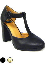 N.Y.L.A. Shoes SHOES 6 / BLK N.Y.L.A. Shoes Olysing Women's T-Strap 4" Heels in Black or Ivory-Gold Brocade