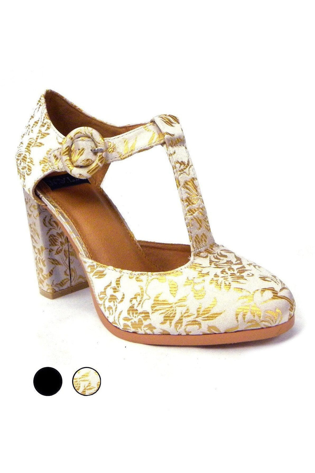N.Y.L.A. Shoes SHOES 6 / IVORY GOLD BRO N.Y.L.A. Shoes Olysing Women's T-Strap 4" Heels in Black or Ivory-Gold Brocade