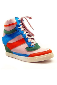 N.Y.L.A. SHOES SHOES 6 / PINK-MULTI N.Y.L.A. Shoes Penthea Women's High Top Vegan Leather & Suede Wedge Sneakers in White or Pink Multi