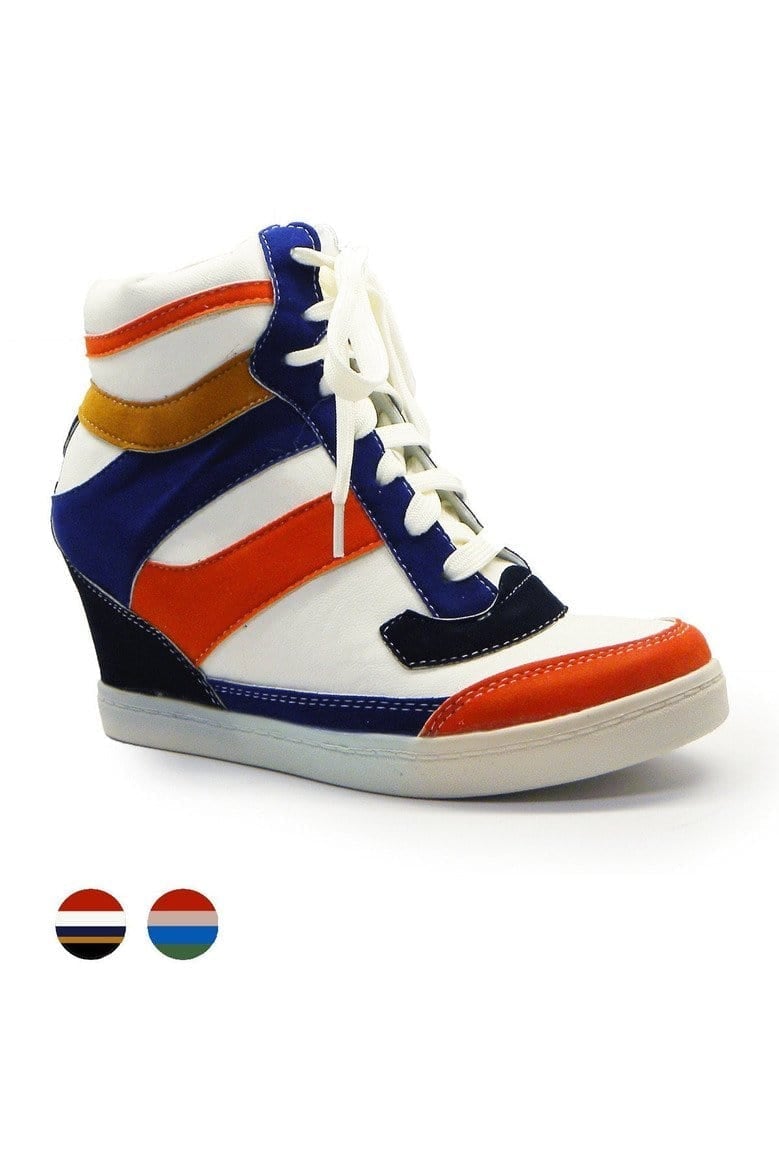 N.Y.L.A. SHOES SHOES 6 / WHITE-MULTI N.Y.L.A. Shoes Penthea Women's High Top Vegan Leather & Suede Wedge Sneakers in White or Pink Multi