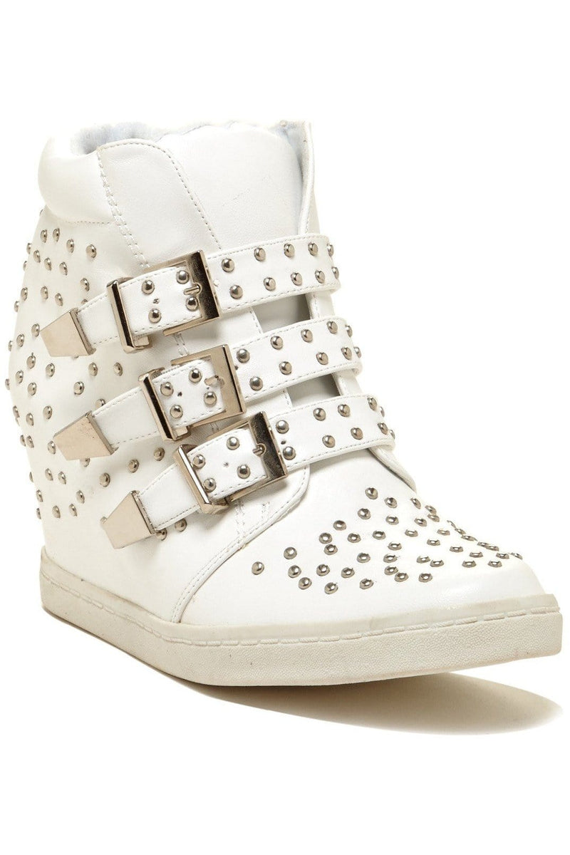 N.Y.L.A. SHOES SHOES N.Y.L.A. Shoes Buckles Women's White Vegan Leather High Top Sneakers with Side Buckles