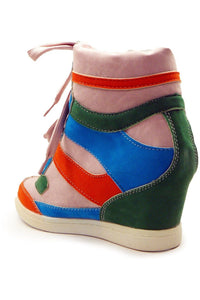 N.Y.L.A. SHOES SHOES N.Y.L.A. Shoes Penthea Women's High Top Vegan Leather & Suede Wedge Sneakers in White or Pink Multi