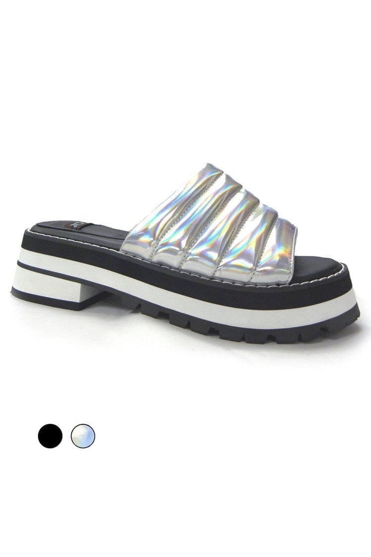 N.Y.L.A. SHOES SHOES N.Y.L.A. Shoes Sunlight Metallic Silver Cushioned Holographic Mules