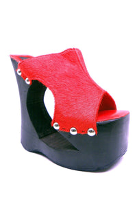 N.Y.L.A. SHOES WEDGE N.Y.L.A. Shoes Hellie Women's Red Leather Platform Clogs with Black Wood Platform