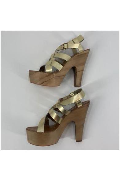 N.Y.L.A. Shoes WEDGE N.Y.L.A. Shoes Traeh Women's 4.5" Wood Platforms in Tan or Gold
