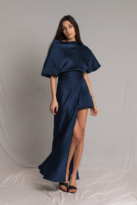 Navy Blue asymmetric satin silk dress with short wide sleeves and cowl neckline