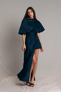 teal asymmetric satin silk dress with short wide sleeves and cowl neckline
