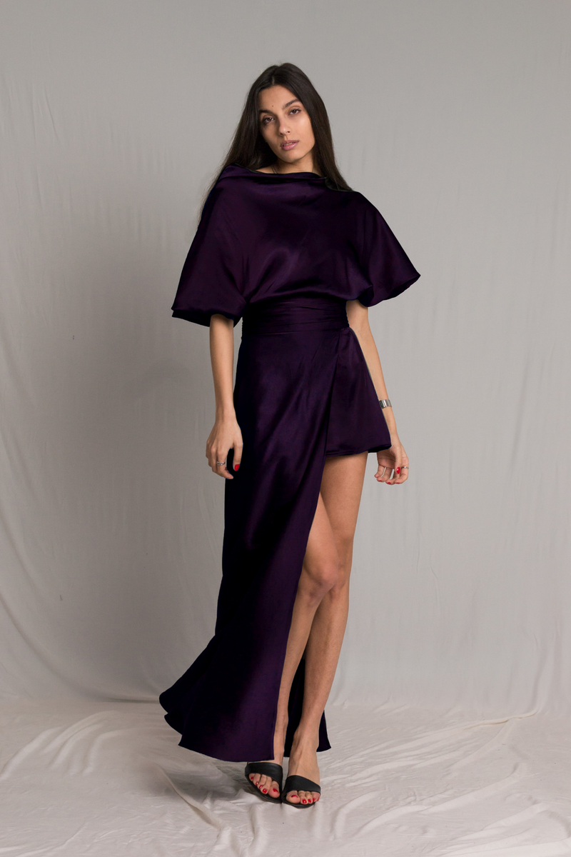 Purple asymmetric satin silk dress with short wide sleeves and cowl neckline