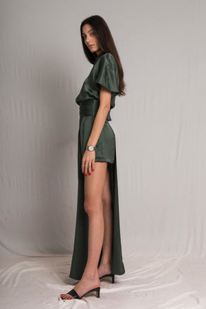 Olive green asymmetric satin silk dress with short wide sleeves and cowl neckline