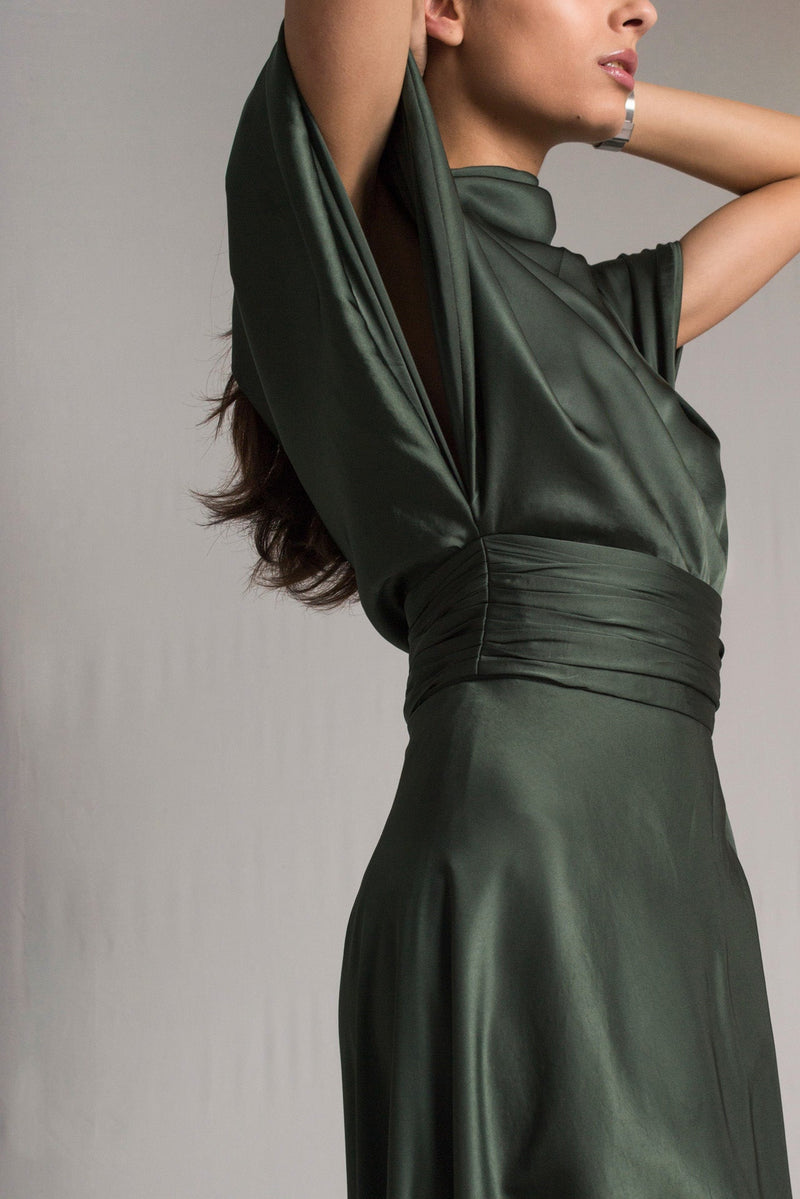Olive green asymmetric satin silk dress with short wide sleeves and cowl neckline