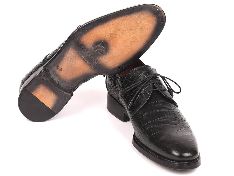 PAUL PARKMAN Paul Parkman Black Crocodile Embossed Calfskin Goodyear Welted Derby Shoes (ID#5254BLK)