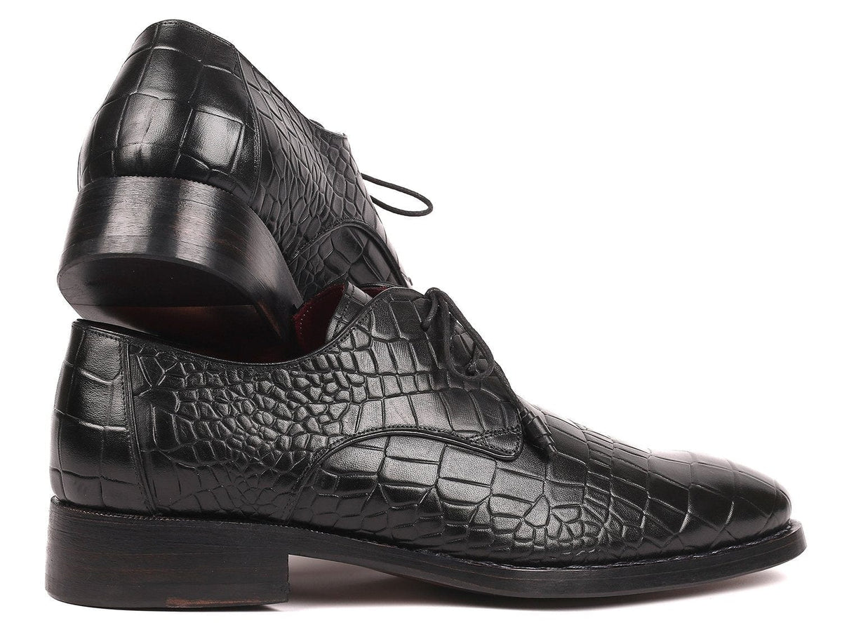 PAUL PARKMAN Paul Parkman Black Crocodile Embossed Calfskin Goodyear Welted Derby Shoes (ID#5254BLK)
