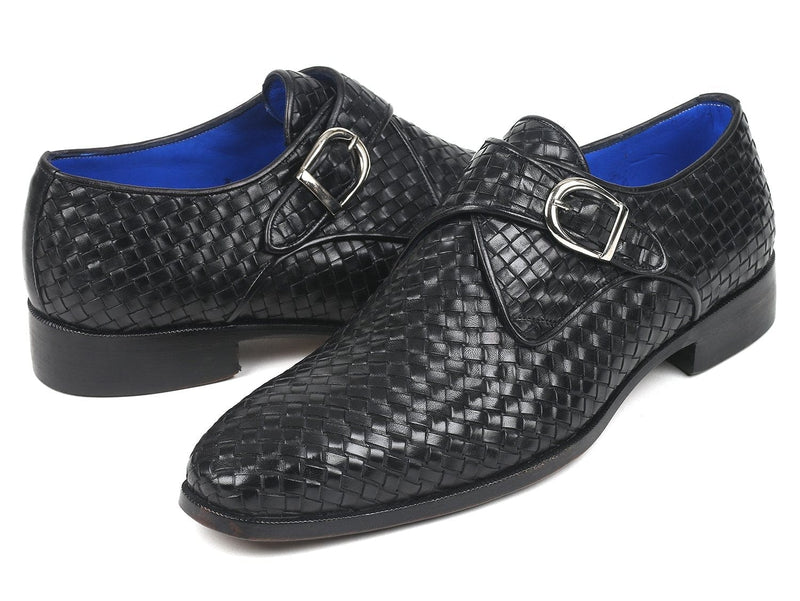 PAUL PARKMAN Paul Parkman Black Woven Leather Single Monkstraps (ID#011WN95)