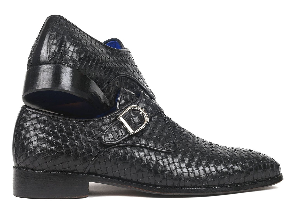 PAUL PARKMAN Paul Parkman Black Woven Leather Single Monkstraps (ID#011WN95)