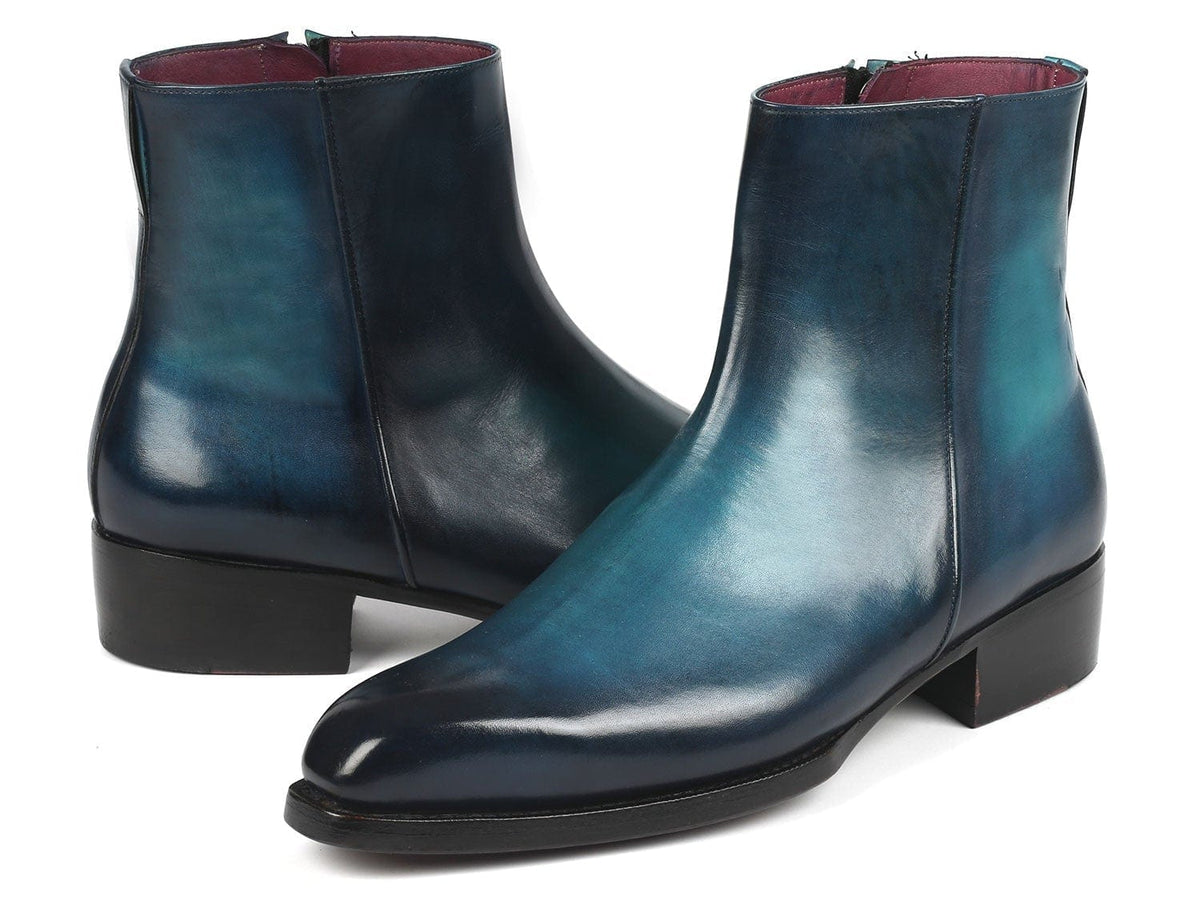 PAUL PARKMAN Paul Parkman Blue Burnished Side Zipper Boots Goodyear Welted (ID#BT3955-BLU)