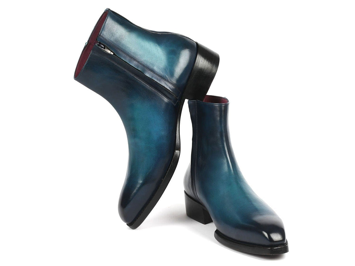 PAUL PARKMAN Paul Parkman Blue Burnished Side Zipper Boots Goodyear Welted (ID#BT3955-BLU)