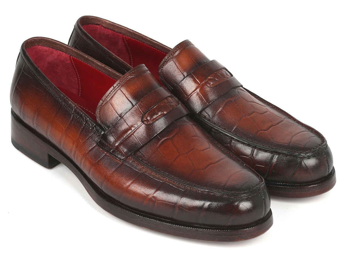 PAUL PARKMAN Paul Parkman Brown Crocodile Embossed Calfskin Penny Loafers (ID#3857-BRW)