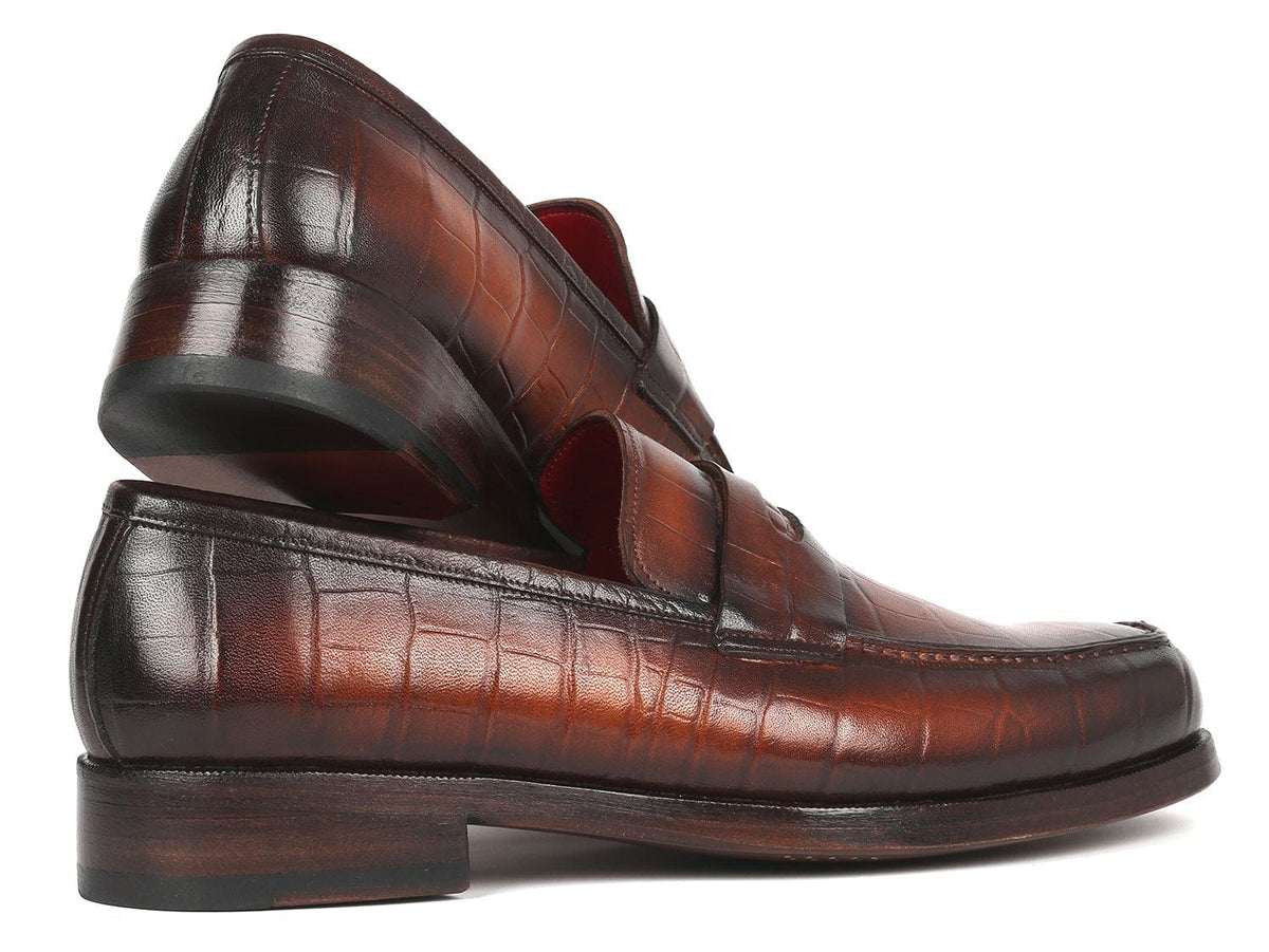 PAUL PARKMAN Paul Parkman Brown Crocodile Embossed Calfskin Penny Loafers (ID#3857-BRW)