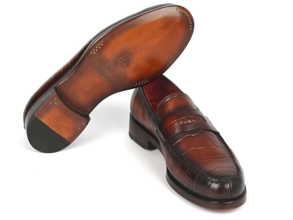 PAUL PARKMAN Paul Parkman Brown Crocodile Embossed Calfskin Penny Loafers (ID#3857-BRW)