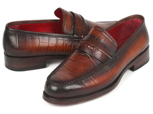 PAUL PARKMAN Paul Parkman Brown Crocodile Embossed Calfskin Penny Loafers (ID#3857-BRW)